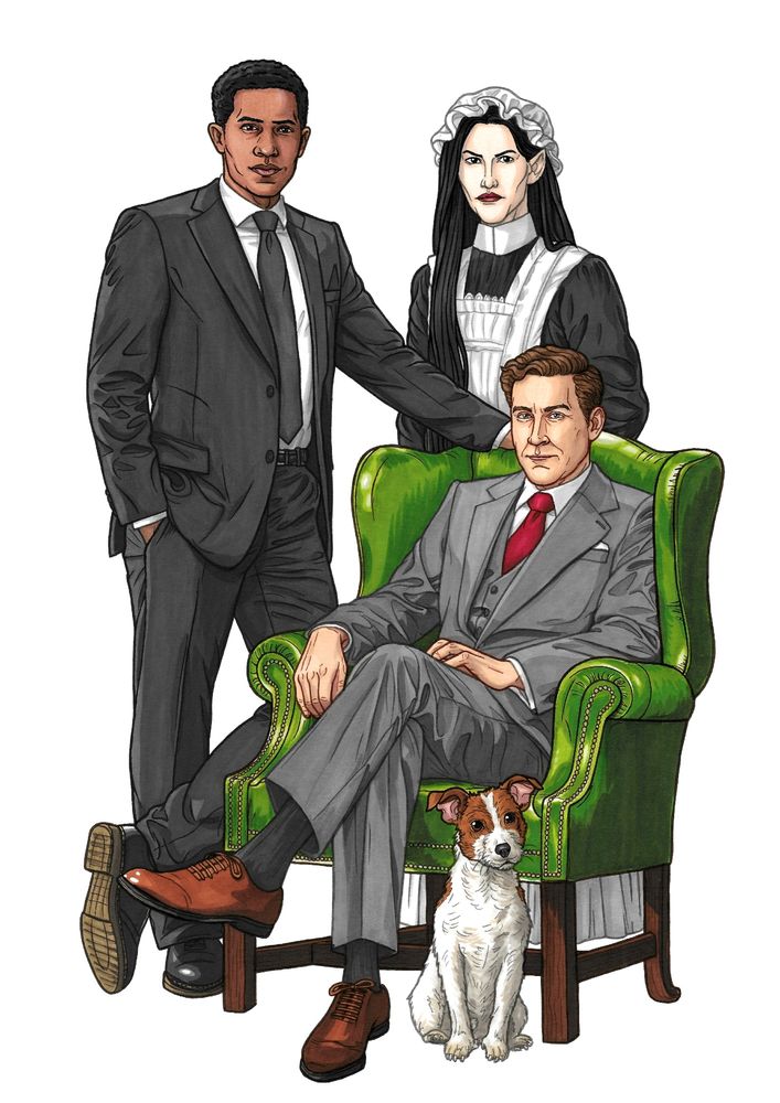 A marker drawing of the main characters from the Rivers of London novels - Peter Grant, Molly, Thomas Nightingale and Toby the dog - posed as if for a group photo. Nightingale, a white man of around 40 with side-parted brown hair, a long face and grey eyes, sits in a green leather armchair with one leg crossed over the other. He is wearing an old-fashioned grey three-piece suit and a red tie. Peter, a young mixed-race Black man, stands to the side of the chair with one hand on the back of it and the other in his pocket. He has brown skin, dark eyes and short afro-textured hair, and is wearing a modern charcoal grey suit and tie. Behind them both stands Molly, a very pale woman with black eyes, long black hair and pointed ears. She is dressed as an Edwardian maid, with a long black dress, white apron and mob cap. In front of the armchair sits Toby, a small, scruffy white and brown short-haired terrier.
The art style has clean lineart and a colouring style that emphasises the folds in the clothes, and the image has a plain white background behind the figures.