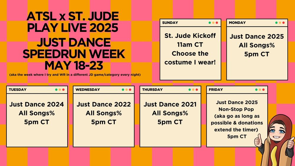 schedule of events for Lee's fundraiser for St. Jude Children's Research Hospital as a part of St. Jude PLAY LIVE 2025. Schedule reads "Just Dance Speedrun Week May 18-23 aka the week where I try and WR in a different JD game/category every night). Sunnday is St. Jude Kickoff 11am CT Choose the Costume I wear! Monday is Just Dance 2025 All Songs% 5pm CT. Tuesday is Just Dance 2024 All Songs% 5pm CT. Wednesday is Just Dance 2022 All Songs% 5pm CT. Thursday is Just Dance 2021 All Songs%. Friday is Just Dance 2025 Non-stop pop (aka go as long as possible and donations extend the timer) 5pm CT. 
There is a picture of Lee in a hot dog costume in the corner.