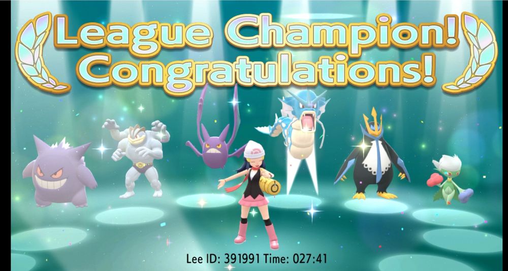 image text of "League Champion! Congratulations!" and features 6 pokemon (Gengar, Machamp, Crobat, Gyrados, Empoleon, and Roserade) in a half circle with spotlights surrounding Lee's character from Brilliant Diamond
