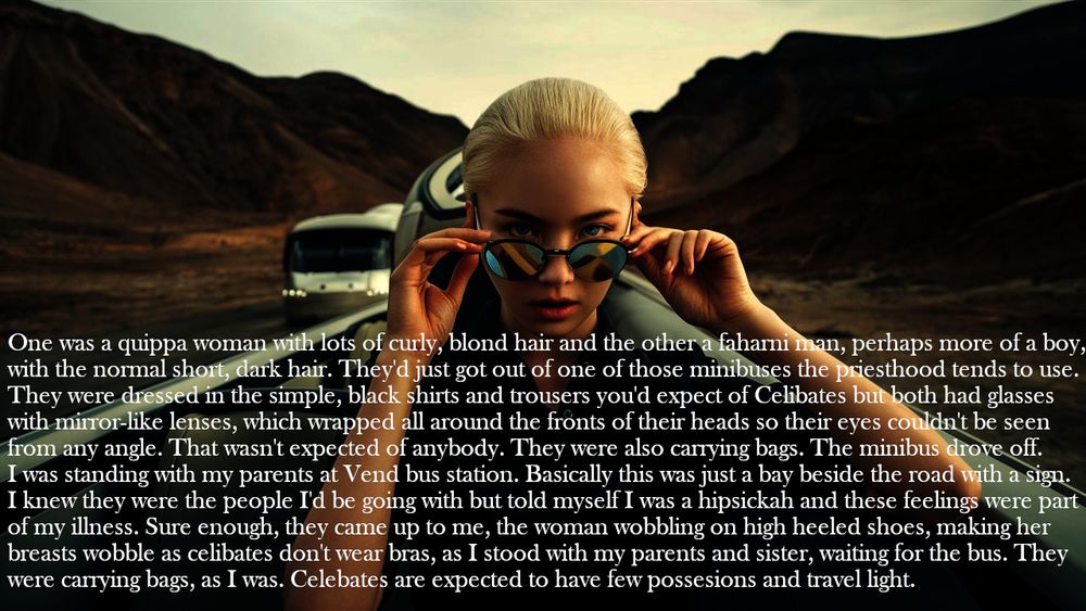 Background: A blond woman with dark glasses riding on an open topped bus.

One was a quippa woman with lots of curly, blond hair and the other a faharni man, perhaps more of a boy, with the normal short, dark hair. They'd just got out of one of those minibuses, the priesthood tends to use. They were dressed in the simple, black shirts and trousers you'd expect of Celibates but both had glasses with mirror-like lenses, which wrapped all around the fronts of their heads so their eyes couldn't be seen from any angle. That wasn't expected of anybody. They were also carrying bags. The minibus drove off.
I was standing with my parents at Vend bus station. Basically this was just a bay beside the road with a sign.
I knew they were the people I'd be going with but told myself I was a hipsickah and these feelings were part of my illness. Sure enough, they came up to me, the woman wobbling on high heeled shoes, making her breasts wobble as celibates don't wear bras, as I stood with my parents and sister, waiting for the bus. They were carrying bags, as I was. Celebates are expected to have few possessions and travel light.