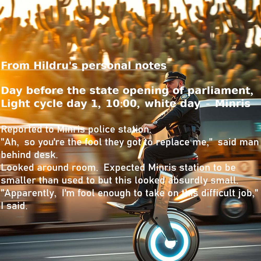 Background: a cop riding a powered unicycle in front of some busses with a cactus hedge behind them.

From Hildru's personal notes

Day before the state opening of parliament, Light cycle day 1, 10:00, white day - Minris

Reported to Minris police station.
"Ah, so you're the fool they got to replace me," said man behind desk.
Looked around room. Expected Minris station to be smaller than used to but this looked absurdly small.
"Apparently, I'm fool enough to take on this difficult job," I said.