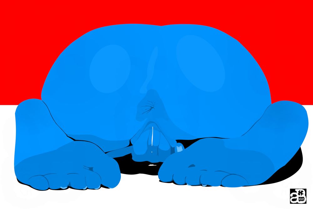 Three Fingers [ft. @ellexxaurus.bsky.social]
Digital painting of a single female figure, reed, blue, black, white
ellexxaurus.bsky.social is folded over in a frog pose, her smooth pusy and asshole on display for the viewer, masturbating
