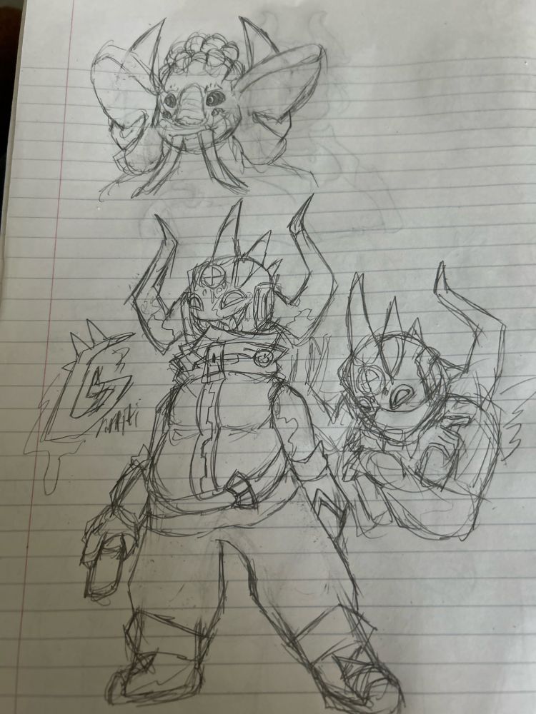 Above: a headshot of Banhammer.
Below: a fullbody and a halfbody of Graffiti, who is easily the coolest background character and I am hearing nobody else out.