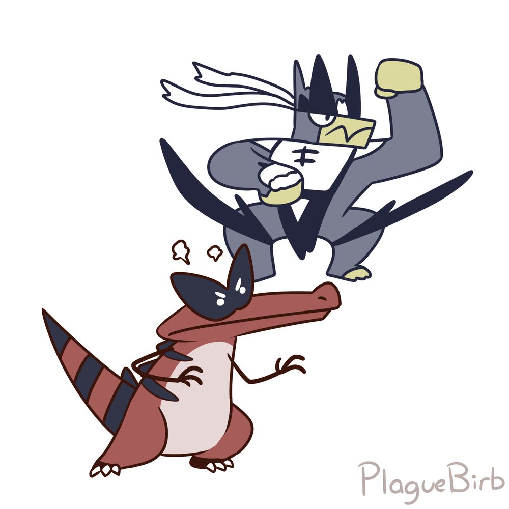 A simply drawn Krookodile with stick arms is in front of a simplified Urshifu. It has the single strike stance and hilariously oversized knee covers.