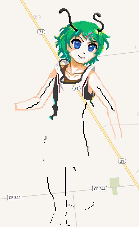 Pixel art of Wriggle Nightbug from Touhou Project. Her whole head is done! Now we got lineart of her arms and shirt.