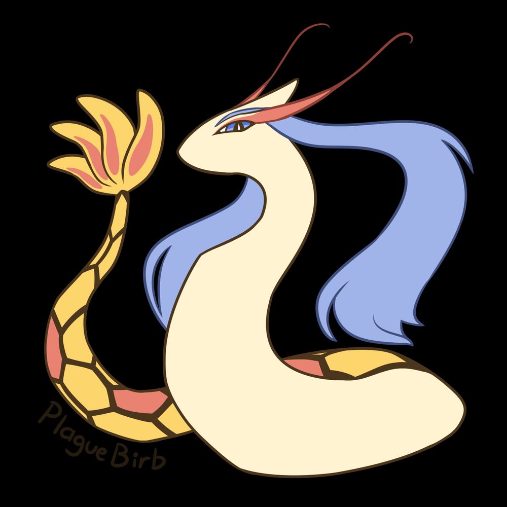 An elegant Milotic portrait with shiny colors. It's looking down at you while using its tail as a fan.