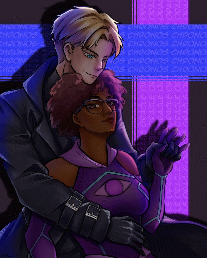 A digital illustration of Chronos and Oracle, the two main characters from the yandere superhero otome vn Criminally Yours. 