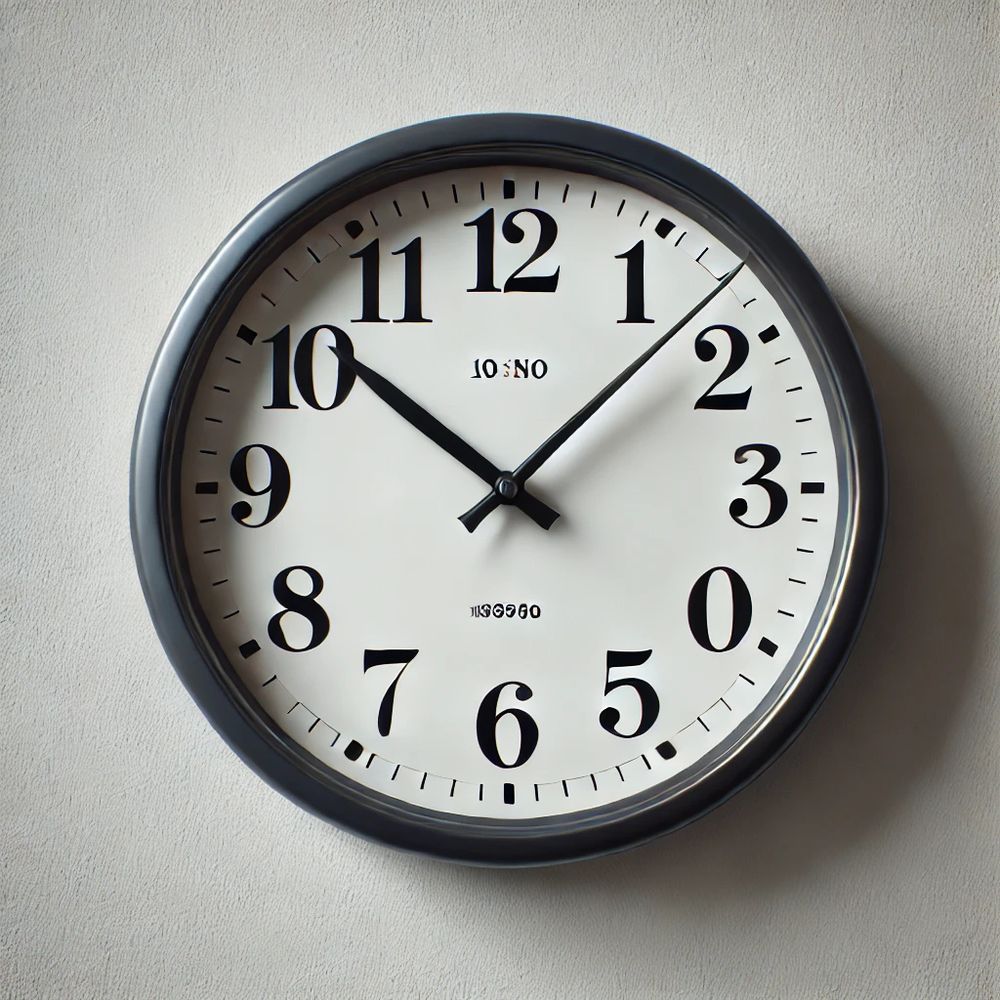 Eine analoge Wanduhr, zeigt 10:07 Uhr.