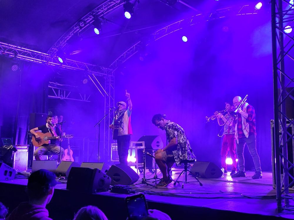 A photo of a stage in blue light, in the middle Manu Chao singing with his hand raised up in the air. Next to him four other musicians (guitar, percussion, a trumpet player and me on trombone.) I am wearing a red checkered vest and a red/white keffiyeh.