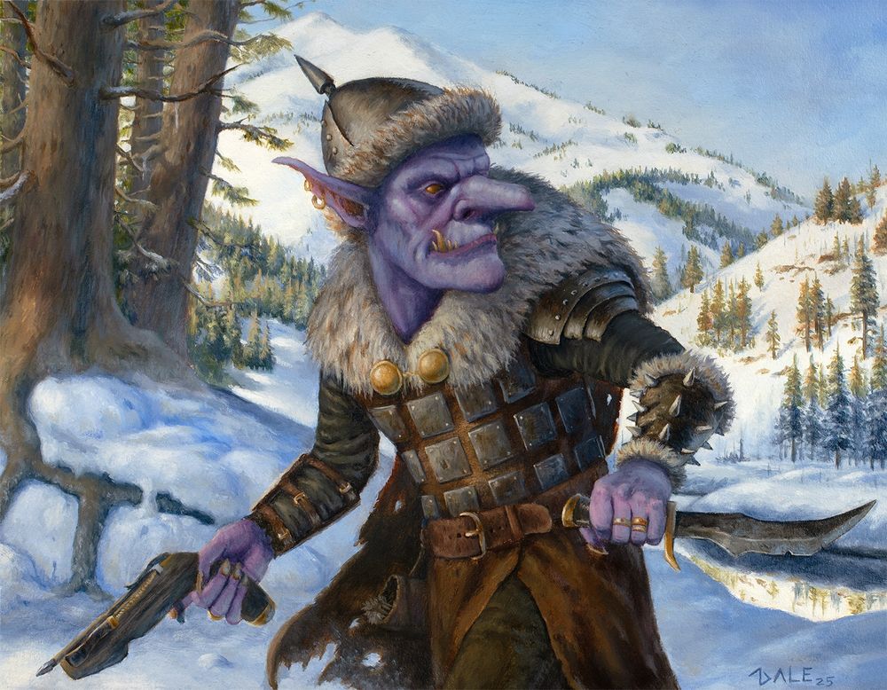 Goblin Hunter- Oils on panel, A goblin hunter in scavenged and 'borrowed' equipment patrolling through the snowfields and forests.
It has violet skin and in a snowy environment