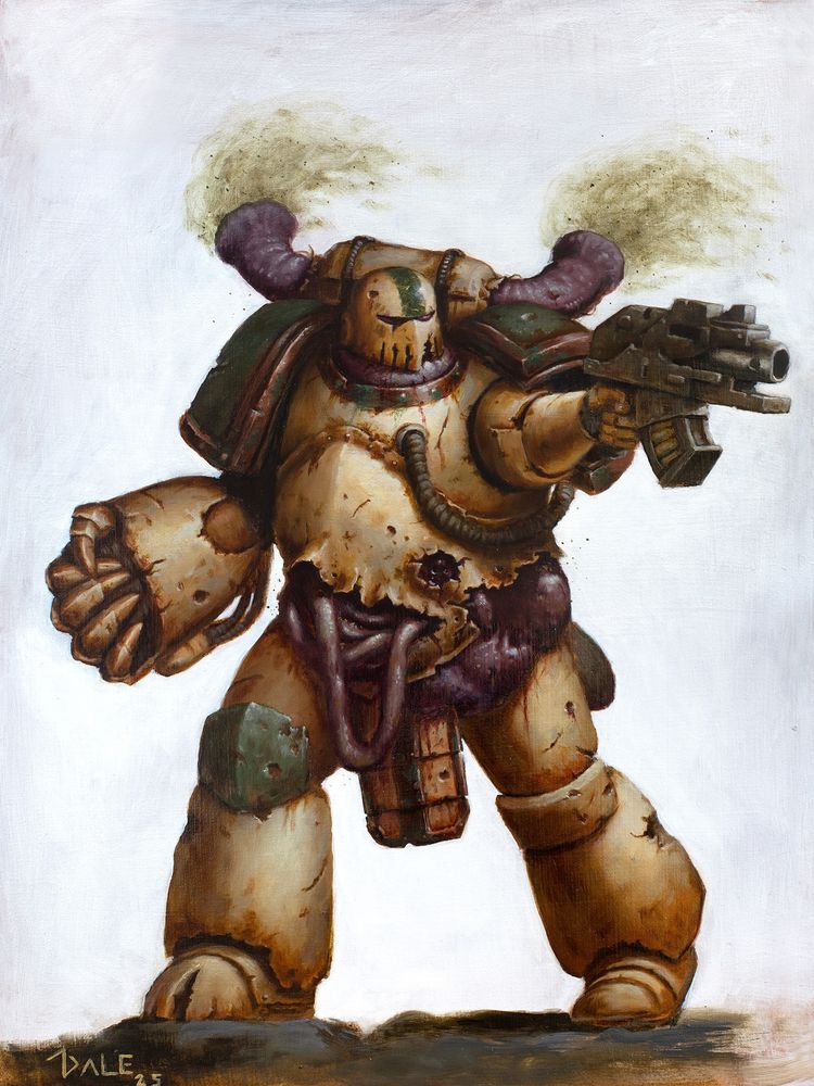 A warhammer 40k plague marine. It is lumbering forward firing a boltgun in one hand with a clenched powerfist on the other arm. It is bloated and daemonic flesh has ruptured through the armour.