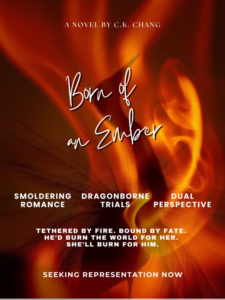 'Born of an Ember' poster. Title over swirling orange flames; smoldering romance, dragonborne trials, dual perspective.