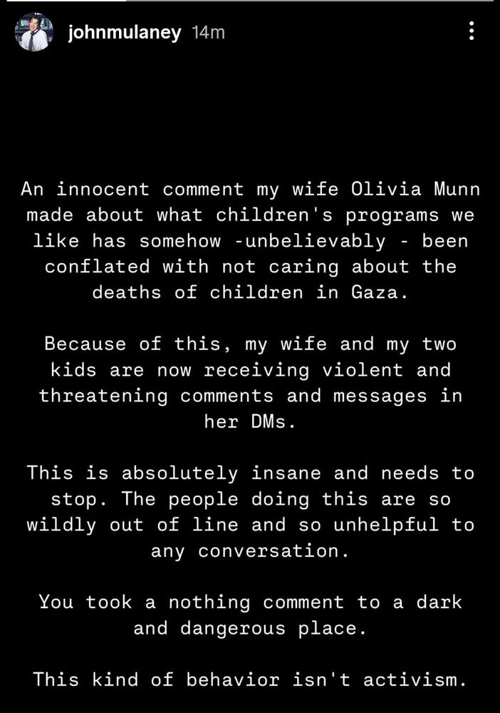 Instagram story from John Mulaney saying people need to stop sending death threats to his wife and children
