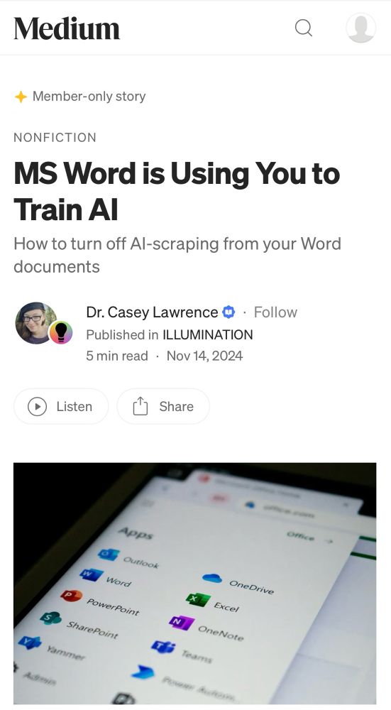Screenshot of Medium article with headline MS Word is using you to train Ai by Dr Casey Lawrence 