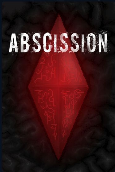 Image of the cover art for the game Abscission. The game title is in white over a crimson diamond. The diamond is in the center of the image, surrounded by charcoal coloured brain tissue.
