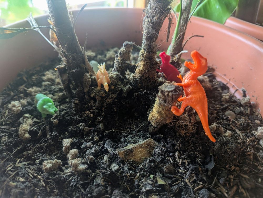 Vier bunte, winzige Dinofiguren in einem Blumentopf 