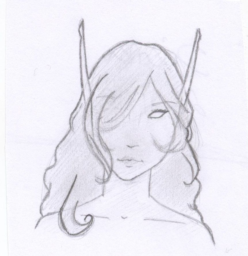 Boceto del busto de una elfa hecho a lápiz, con el cabello ondulado y parte del cabello cubriéndole un ojo.