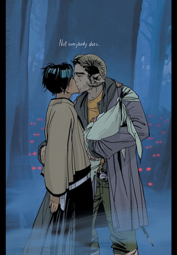 From Saga, Vol. 1, Marko holding baby Hazel while sharing a kiss with Alana.