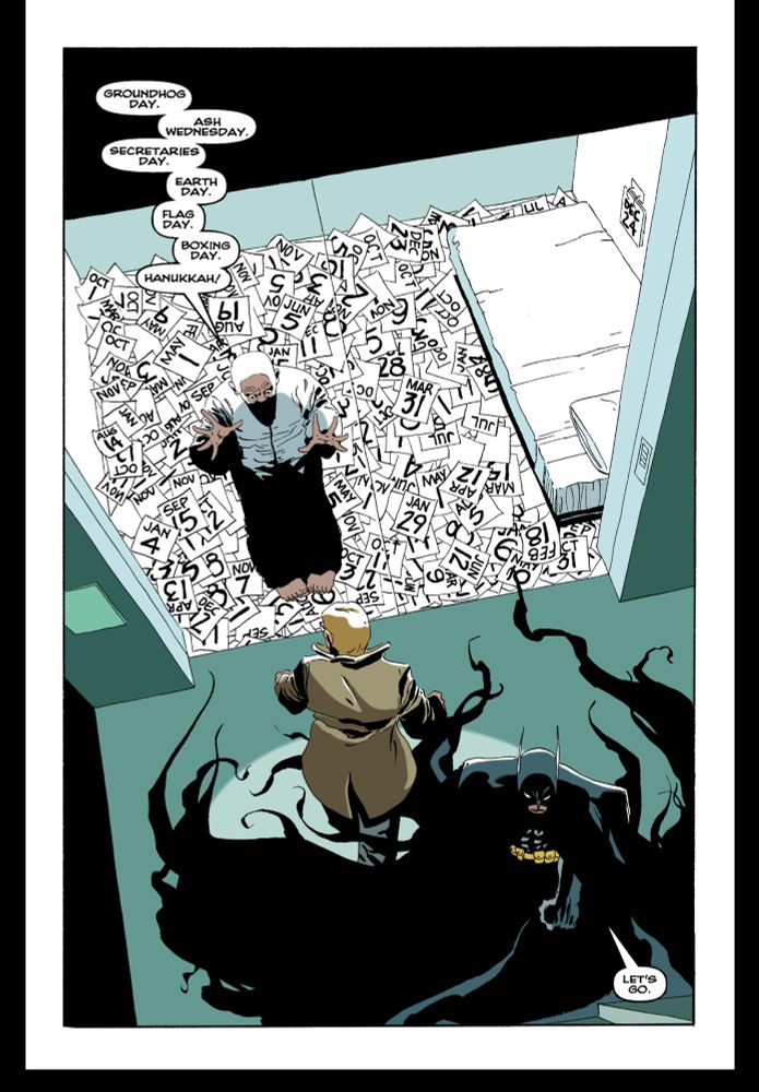 A look inside Calendar Man’s cell at Arkham Asylum. The floor is covered in pages from a daily calendar.