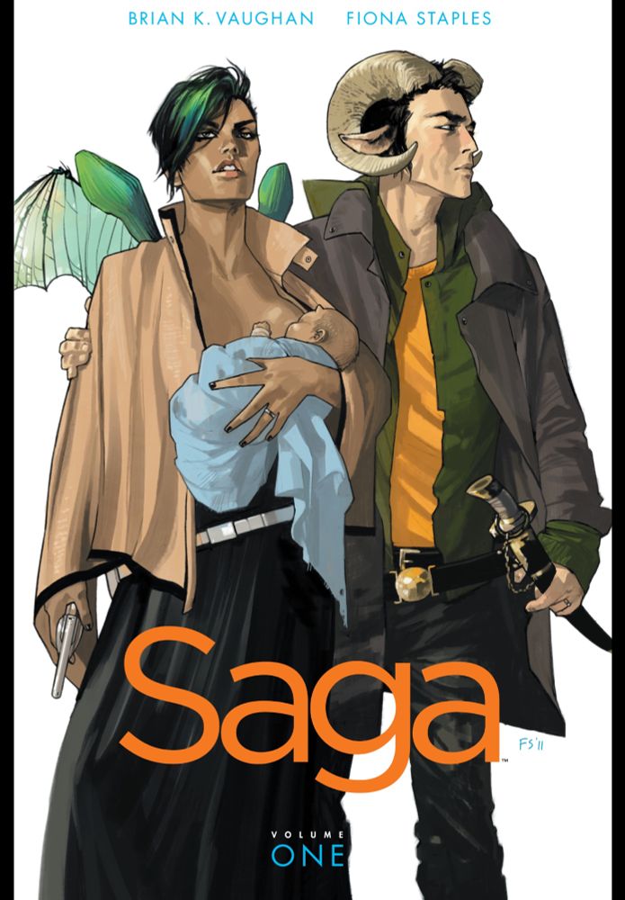 Saga, vol. 1 cover, with Alana, Marko, and baby Hazel