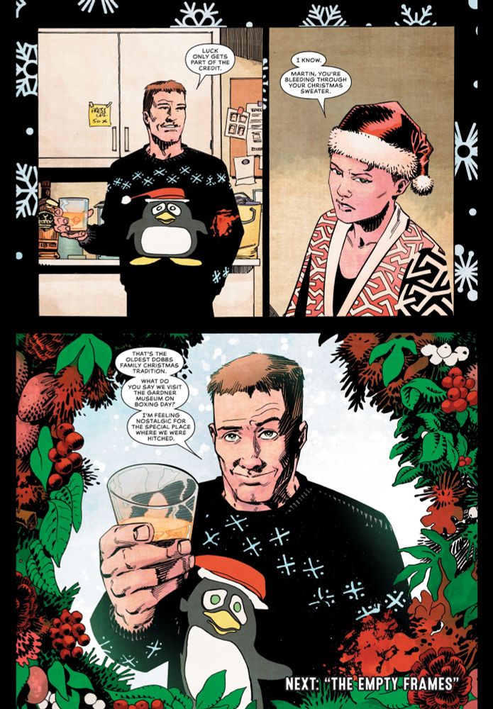 The final page of Dead Eyes, vol. 1, featuring Dead Eyes out of costume, wearing a Christmas sweater with a cartoon penguin on it, and raising a glass to toast the future.