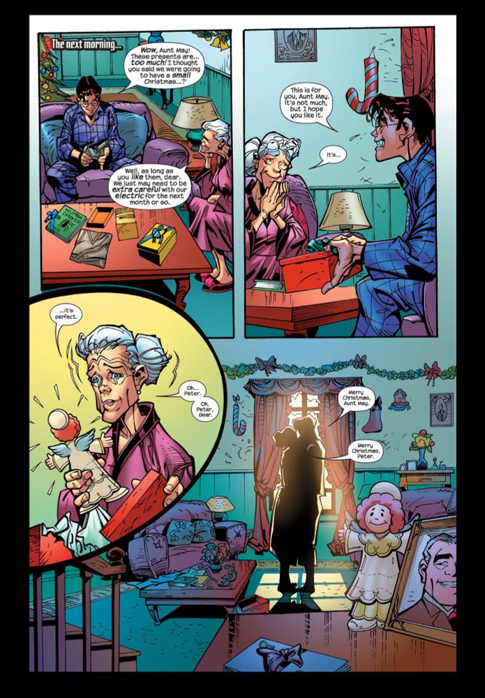 Peter Parker and Aunt May share a warm hug after Peter presents Aunt May with the gift of her repaired Christmas Angel.