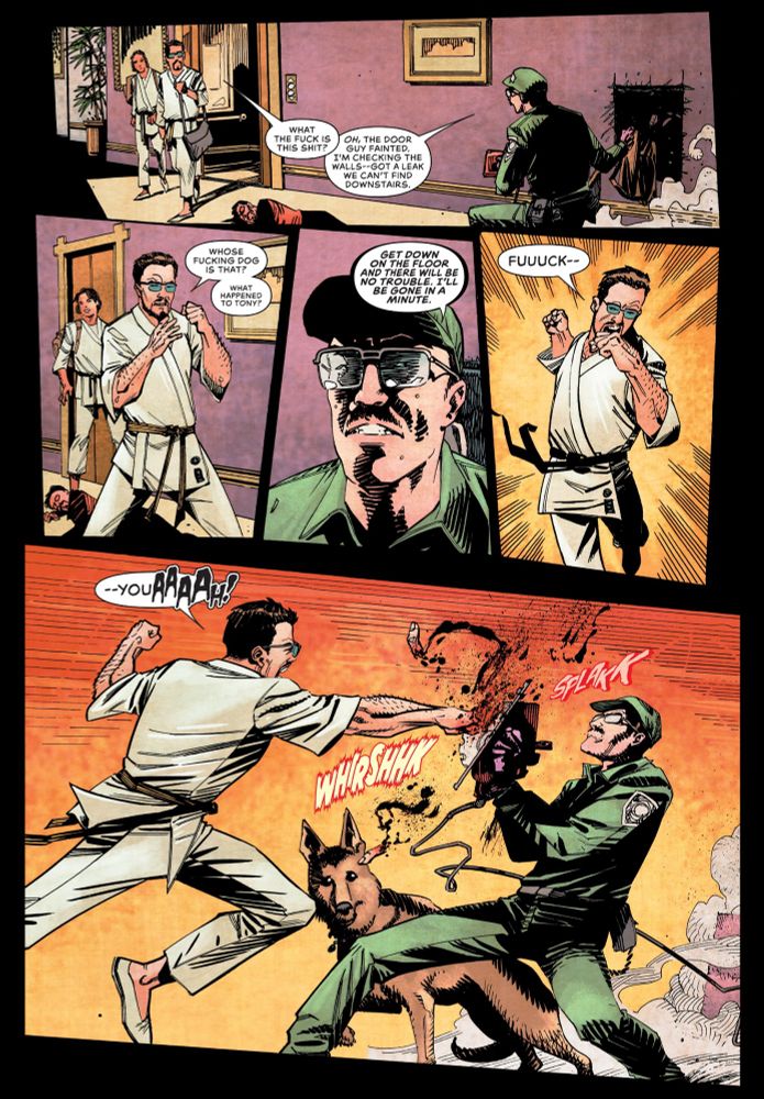 A series of panels showing Dead Eyes disguised as a pest control technician and using a circular saw to fight a man wearing a karate uniform.