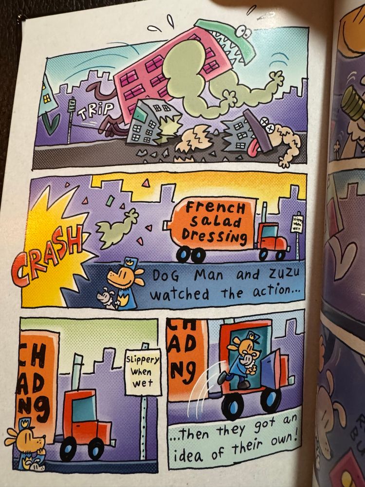 A humorous sample page from the graphic novel Dog Man: A Tale of Two Kitties, including living buildings and a tanker truck full of French salad dressing.