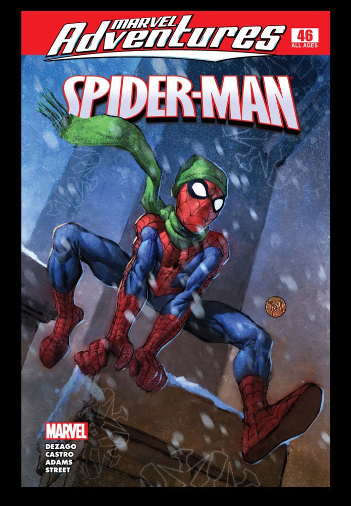 Cover for Marvel Adventures Spider-Man, issue 46. Spider-Man leaps from a rooftop in the snow.