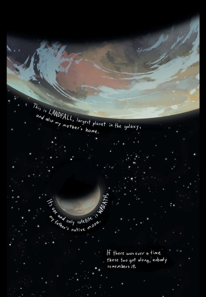 Page from Saga, vol. 1 depicting the plant Landfall and its moon, the Wreath.