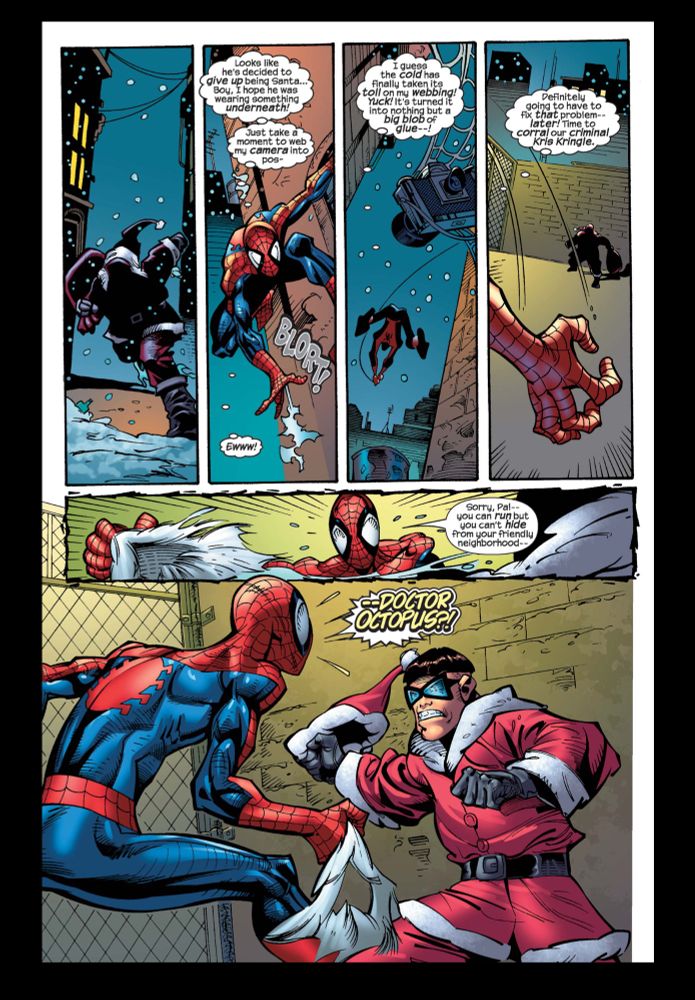 Spider-Man unmasks a phony Santa to reveal Doc Ock as a Christmas robber.