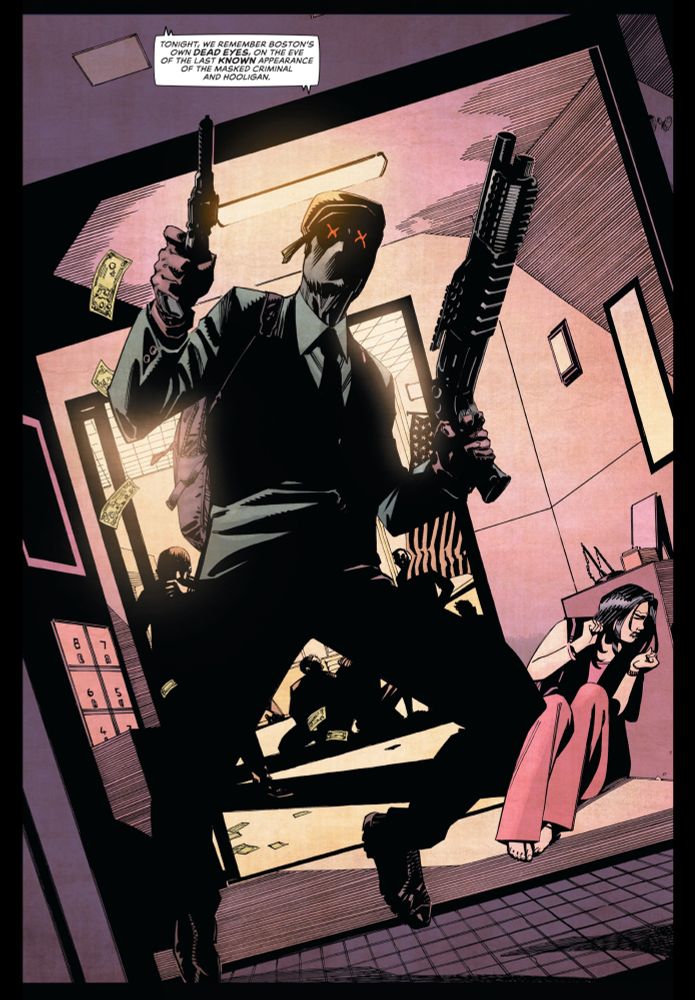 A splash page featuring Dead Eyes toting a shotgun and a pistol in the act of robbery.