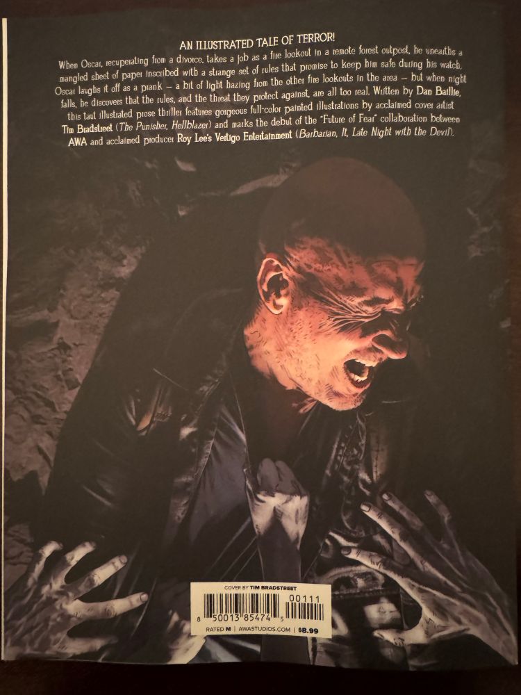 Back cover of Look Out, featuring main character Oscar cringing in fear while pale hands reach out to him. Also includes a short blurb describing the plot.