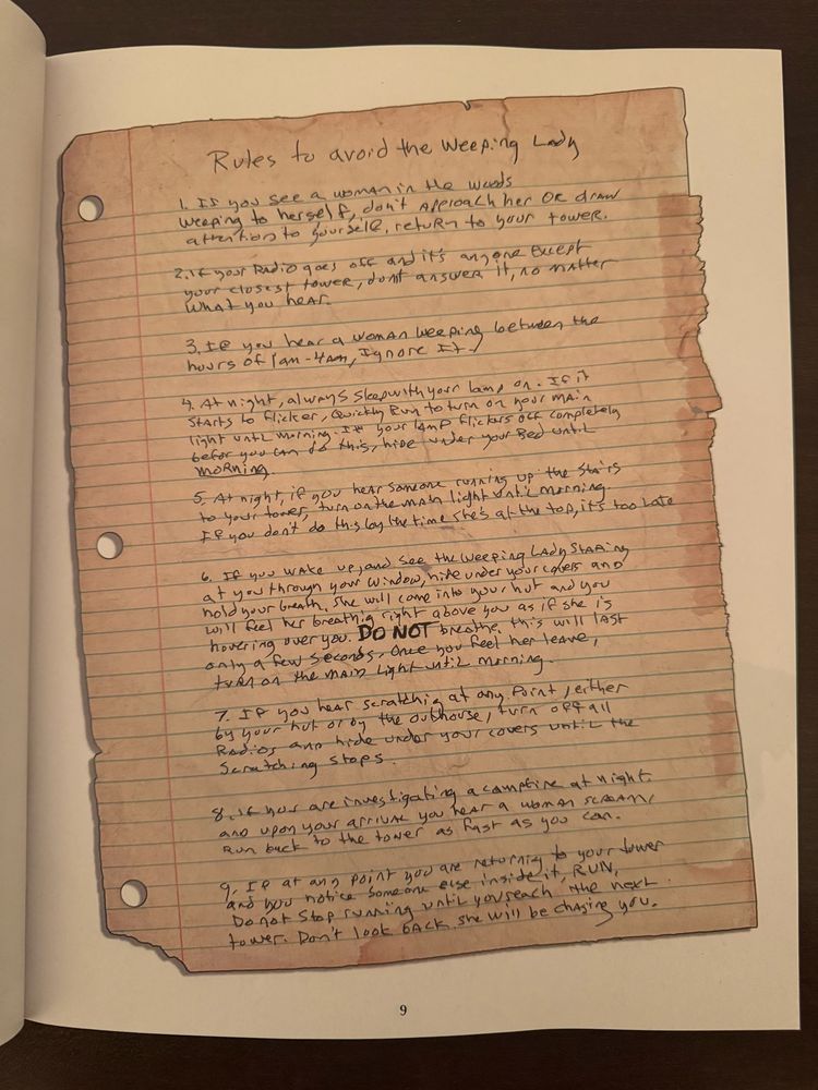 Illustration of the handwritten “Rules to Avoid the Weeping Lady” 