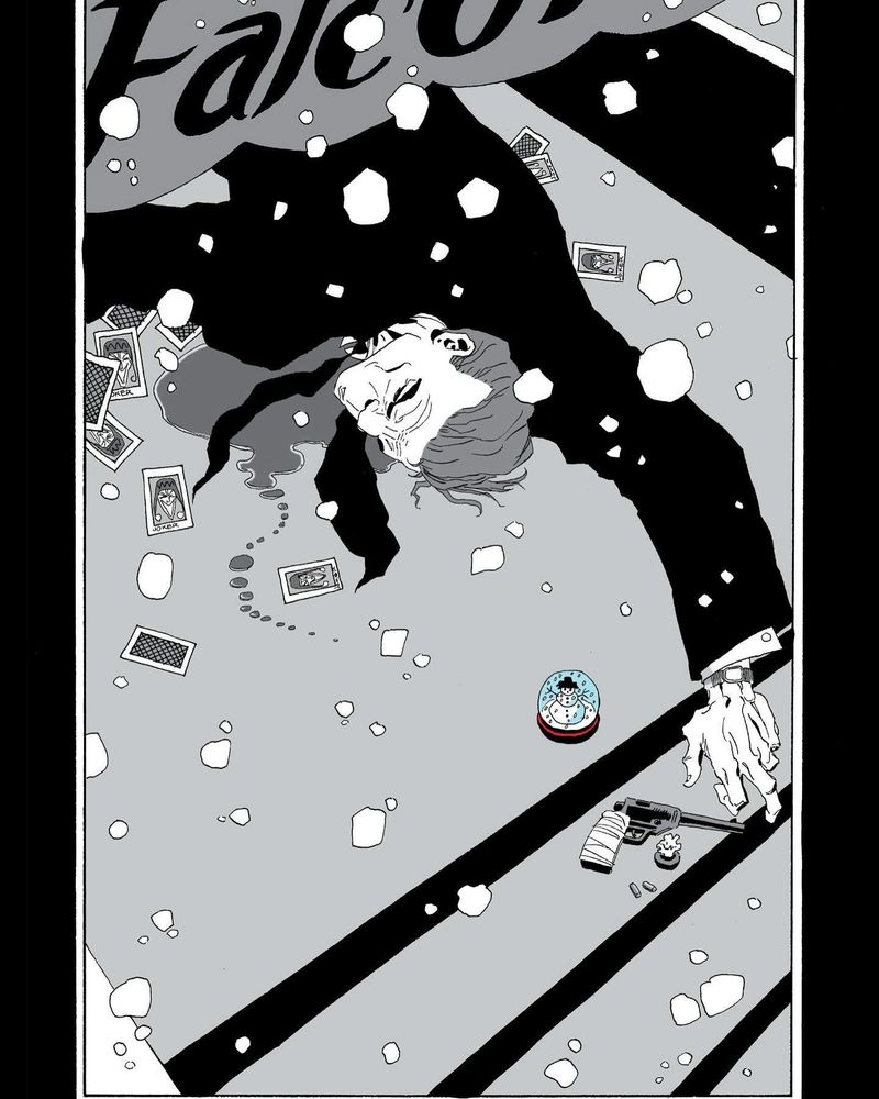 Black & white image of Milo’s’ dead body with the murder weapon and a snow globe (in color) left by the Holiday killer.