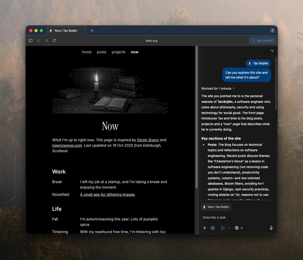 A screenshot of ChatGPT Atlas summarizing my personal website. 