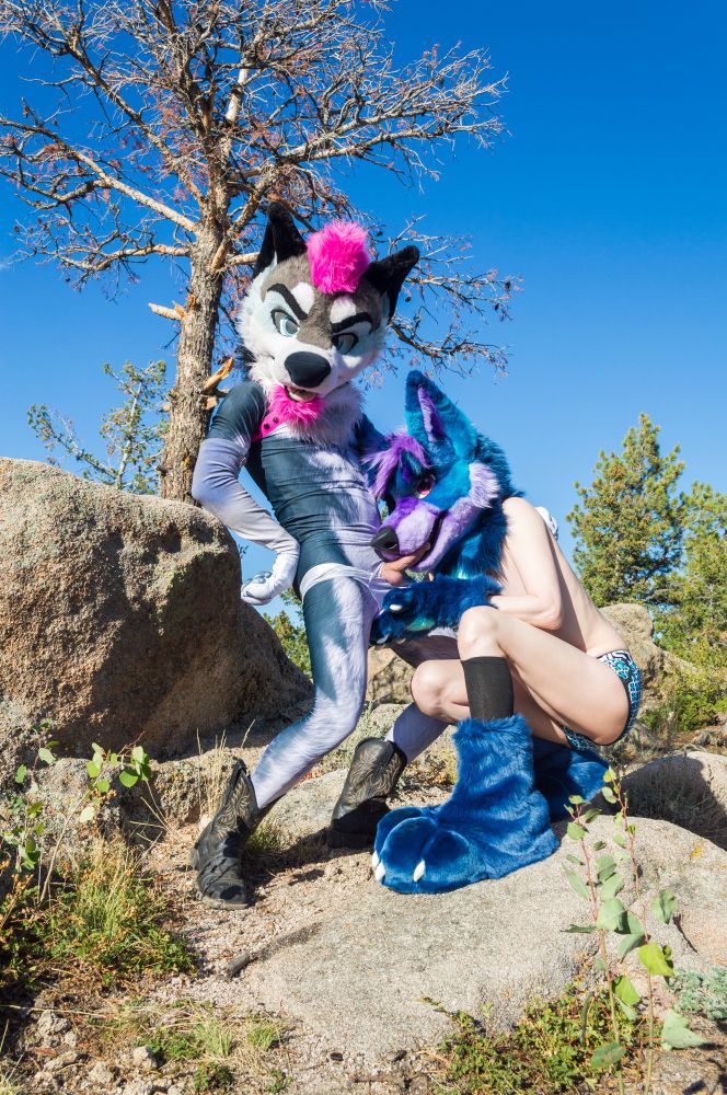 Jyno and Ev on a boulder in the mountains. Jyno is wearing a husky themed petsuit, fursuit head, undies, and black cowboy boots while leaning against another boulder. Ev is kneeling down while wearing only a fursuit head, hand paws, tight Andrew Christian undies, and foot paws over black knee high socks. Jyno's undies are slightly pulled down with his cock buried in Ev's muzzle.