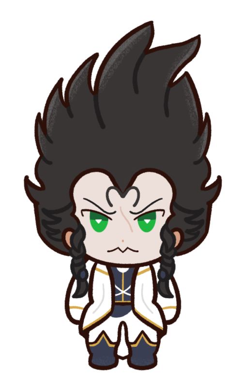 Chibi of a man who is in royal arm attire. Has black spicky,slick black hair. Clothes are mostly white with gold accents although some is black. Has green eyes. 