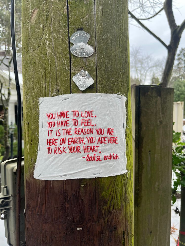 A scrap of white fabric is stapled to a utility pole with the words “You have to love. You have to feel. It is the reason you are here on earth. You are here to risk your heart.- Louise Erdrich” embroidered with red thread.