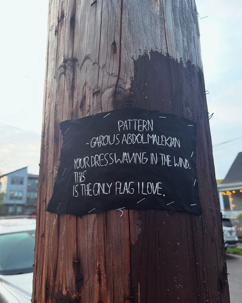 A scrap of black fabric is stapled to a utility pole with the words:
“Pattern
Garous Abdolmalekian

Your dress waving in the wind
This
is the only flag I love.”
stitched with white thread. Buildings and trees and grey sky are visible in the background.
