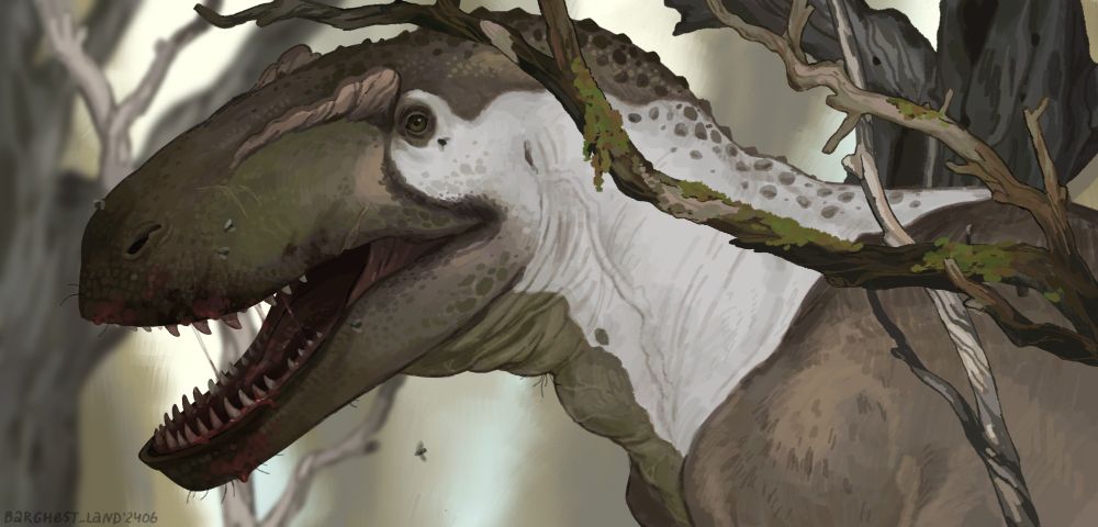 A portrait of a young female megalosaurus enjoying her snack under some dead trees. Though what (or who) she's eating isn't visible, she has some blood in her mouth, and some flies are flying around. Her skin is a contrast of a large white spot from her eye to the neck, everything else is brown with a subtle tint of green. 