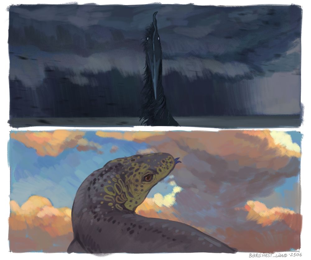 Two digital sketches on one page, 20-30 min each (i worked on them just a little after the stream)

Top: a stormy scene, the sea is calm for now, there's no waves, but a big storm is coming. You can see how dark it is under the heavy cloud, some leaves flying past the camera as the storm rushes the wind forward... But the leaves aren't the only thing that is flying past... And unfortunately, this thing is not even flying. A dark colored pterosaur Zhejiangopterus (that might just be as tall as you) just... stands there, looking at you, beak forward, not even blinking. It doesn't care about the storm behind. You have a few seconds to decide what to do. 

Bottom: something to change the mood! A quite peaceful scene, nice golden clouds against the blue sky, and a big lizard Bolg amondol flicking it's slightly blue tongue. The creature itself is grey, with some yellow markings on the head and neck. No ill intentions unlike the creature in the first sketch, i'd say. 