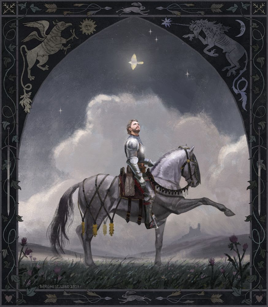 A digital fanart of Henry from Kingdom Come: Deliverance 2, sitting on a horse, both in armor. The style is an imitation of an oil painting (i tried) and has a frame around it with some silly medieval animals and patterns. 
