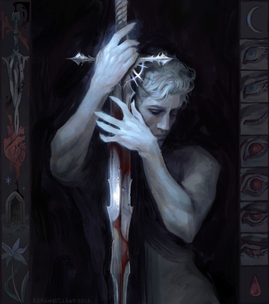 A digital drawing, fanart of Astarion from Baldur's Gate 3. I don't draw him enough!!
In this drawing he's holding a big sword with his bare hands (the blood on the sword is probably his too), standing naked against dark background. 
There are also frames on the left and right of this work, with little drawings. The left frame is a couple of objects telling his story - with a dagger piercing a heart and blood from it dripping on the grave, and a little flower under it. On the right, a few frames with the eyes, almost like vertical animation, are also telling the story. Once a silver relaxed eye closes, the same eye opens again, but now red, expression is close to panic. 