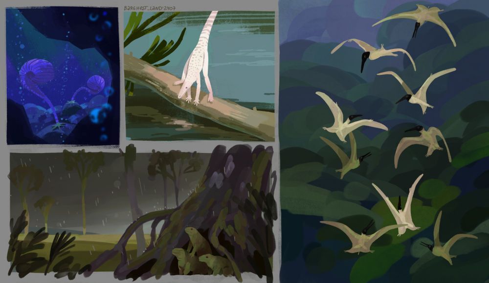 A few colored sketches on one page: ammonicrinus attached on the rocks, albino benggwigwishingasuchus standing on the tree being silly and looking at their reflection in the water, simosuchus hiding from the rain under large roots, and a flock of propterodactylus surfing on a rising airflow