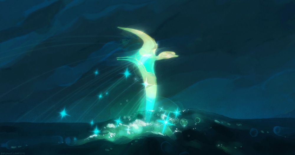 A ghost of Iberodactylus flying by the water surface in the night. It's right wing is touching the sea, creating a little wave and the water there glows from it's touch. 