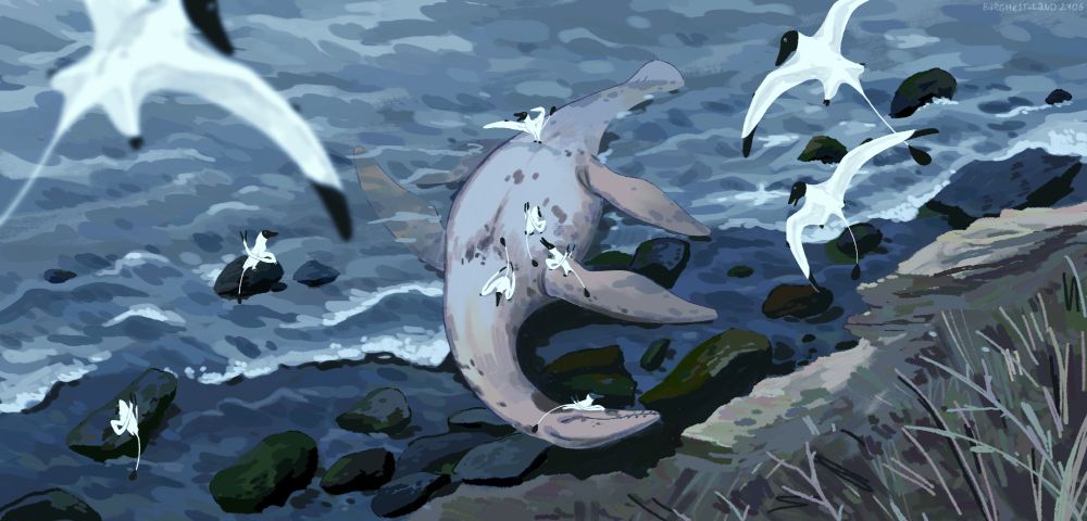 A digital drawing of a dead rhomaleosaurus on the beach, with a few parapsicephalus sitting on it's body and a few of them flying above. Not really their usual snack, but it's too good to miss.