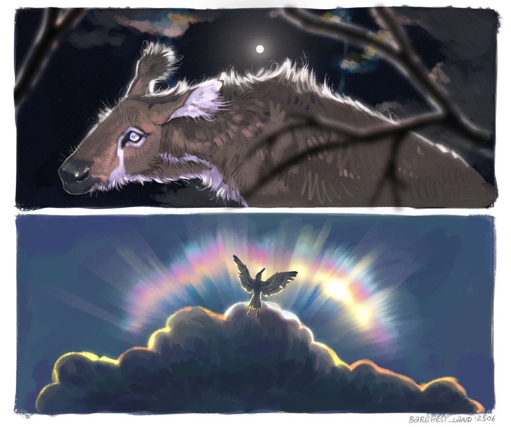 Two digital colored sketches on one page, 20-30 minutes each. 

Top: Diplobune at night, probably in the trees (as you can see a couple of branches close to the camera), illuminated by the bright moon behind it. It's very fluffy. Probably very soft to touch too. The creature is kinda deer/kangaroo looking, mostly brown, with some white spots around the eyes, on the neck, and the fur in the ears.

Bottom: A holy Iberomesornis. Not literally, but it's flying up in front of a cloud and some iridescence above it, so it looks quite holy if you ask me. Nonetheless, Iberomesornis was a small Cretaceous bird that could fit in your hand. On this drawing it's quite dark, illuminated from behind, but it has quite a few dark spots on the wings.
