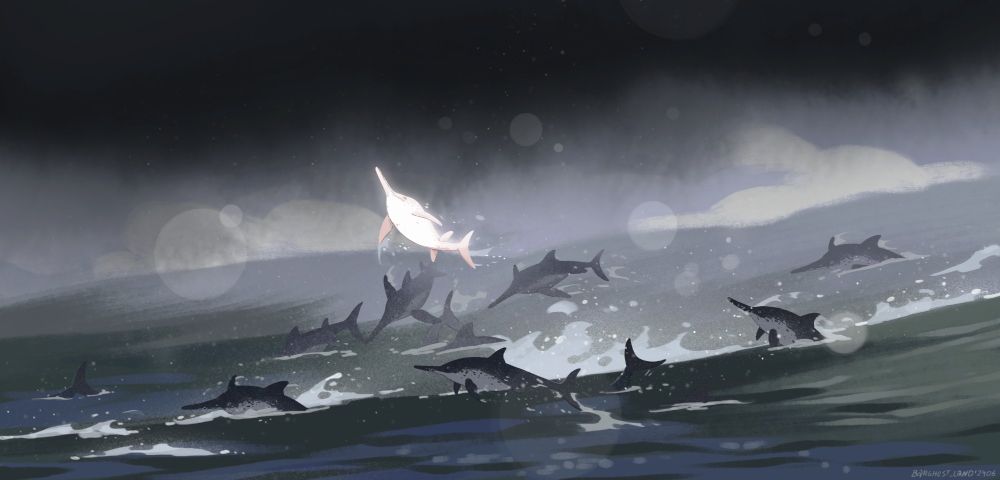 A digital drawing of a few icthyosaurus jumping out of the water during the storm. One of them, in the center, is albino.