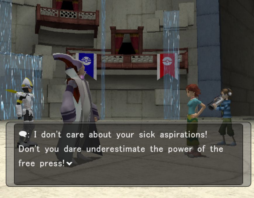 reporter: I don't care about your sick aspirations! Don't you dare underestimate the power of the free press!